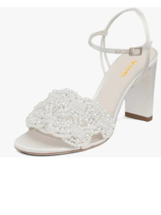 XYD Shoes - XYD White Block Heel Pearl Sandals for Bride Open Toe Buckled Ankle Strap Shoes